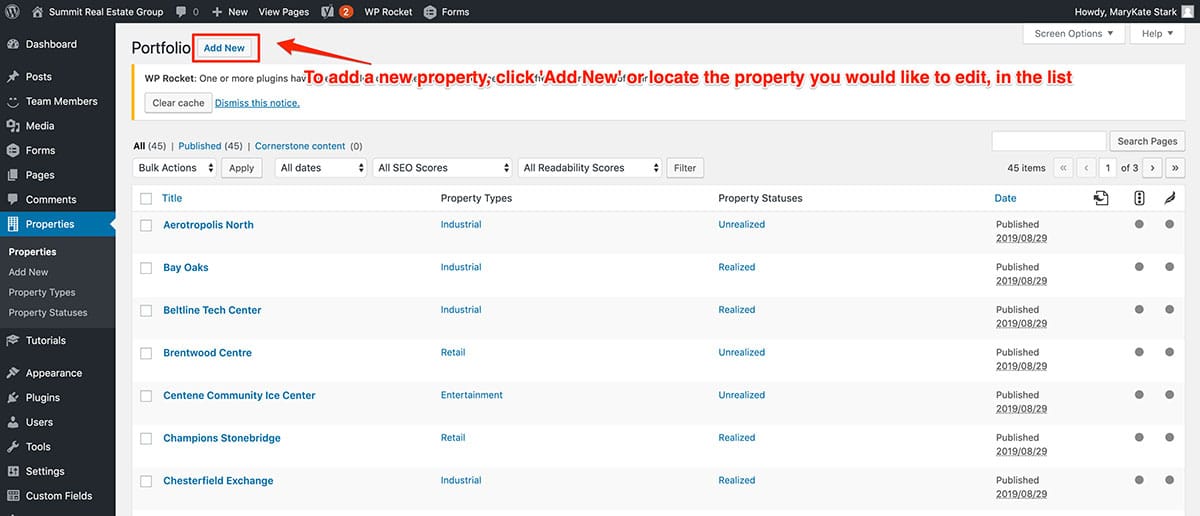 Screenshot tutorial of how to add or edit a property