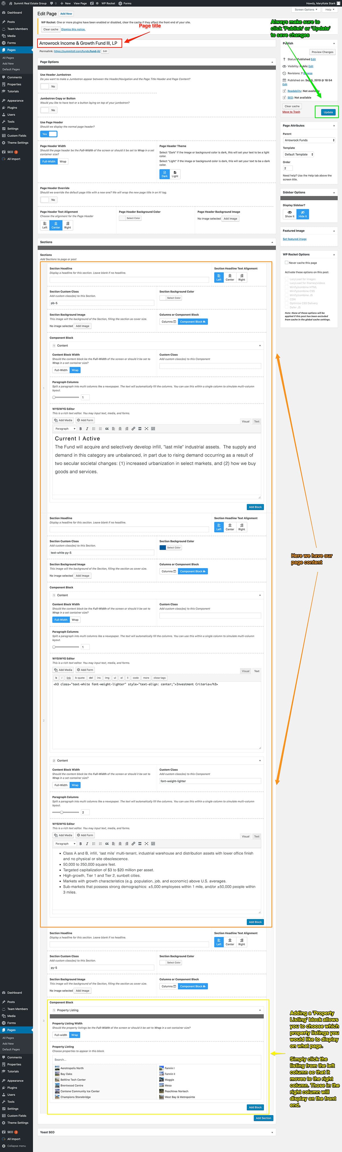 Screenshot tutorial of how to add or edit properties on arrowrock pages