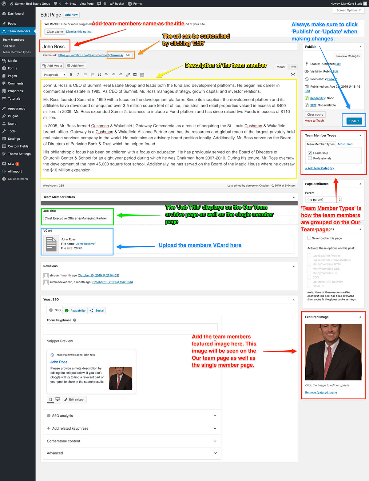 Screenshot tutorial of how to add or edit a team member